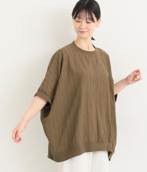 コットンガーゼドビーリブ切り替えブラウス(ブラウン-L)