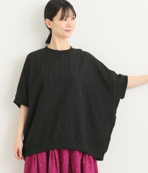 コットンガーゼドビーリブ切り替えブラウス(ブラック-L)