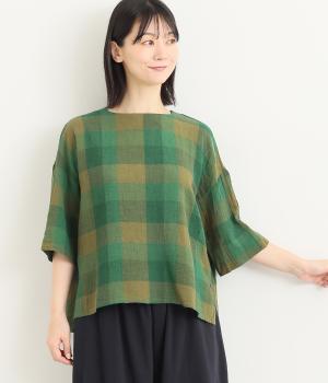 リネンコットンブロックチェックプルオーバー(グリーン-3L)