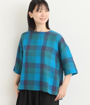 リネンコットンブロックチェックプルオーバー(ブルー-L)