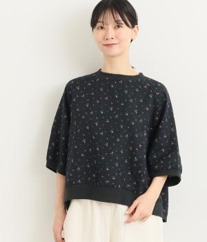 リネン小花プリントリブカットソー(ネイビー-L)