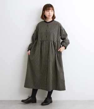 コットンリネン混ストライプ切り替え配色ワンピース