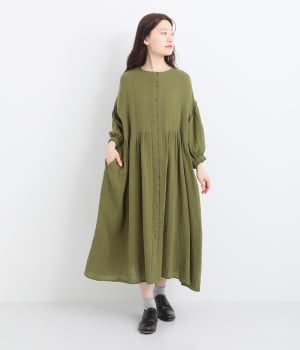 コットンWガーゼバルーンスリーブワンピース(カーキ-M)