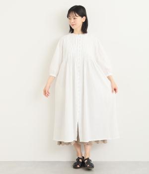 コットンスラブピンタックワンピース(ホワイト-M)