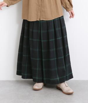 コットンリネン空羽チェックタックワイドパンツ(ネイビー-M)