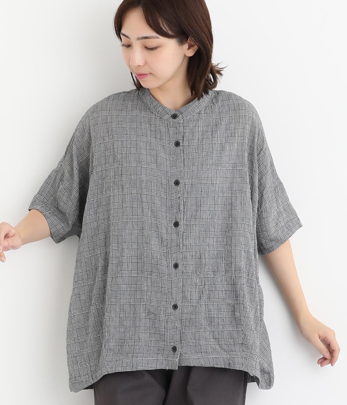 シャーリングスタンドカラーシャツ(グレンチェック-L)