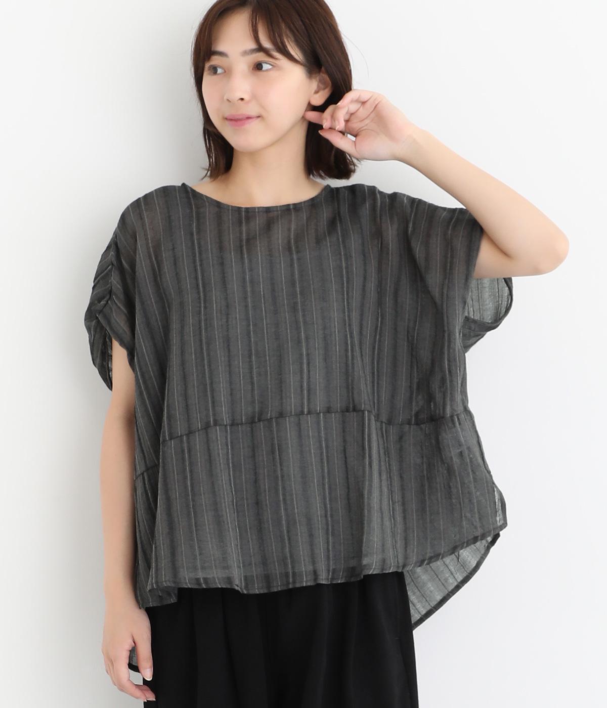 コットンシアーストライプ切り替えブラウス(クロ-ONESIZE)