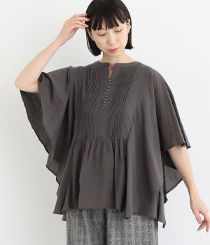コットンボイルワッシャー多ボタンワイドブラウス(チャコール-M)