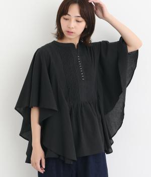 コットンボイルワッシャー多ボタンワイドブラウス(クロ-M)
