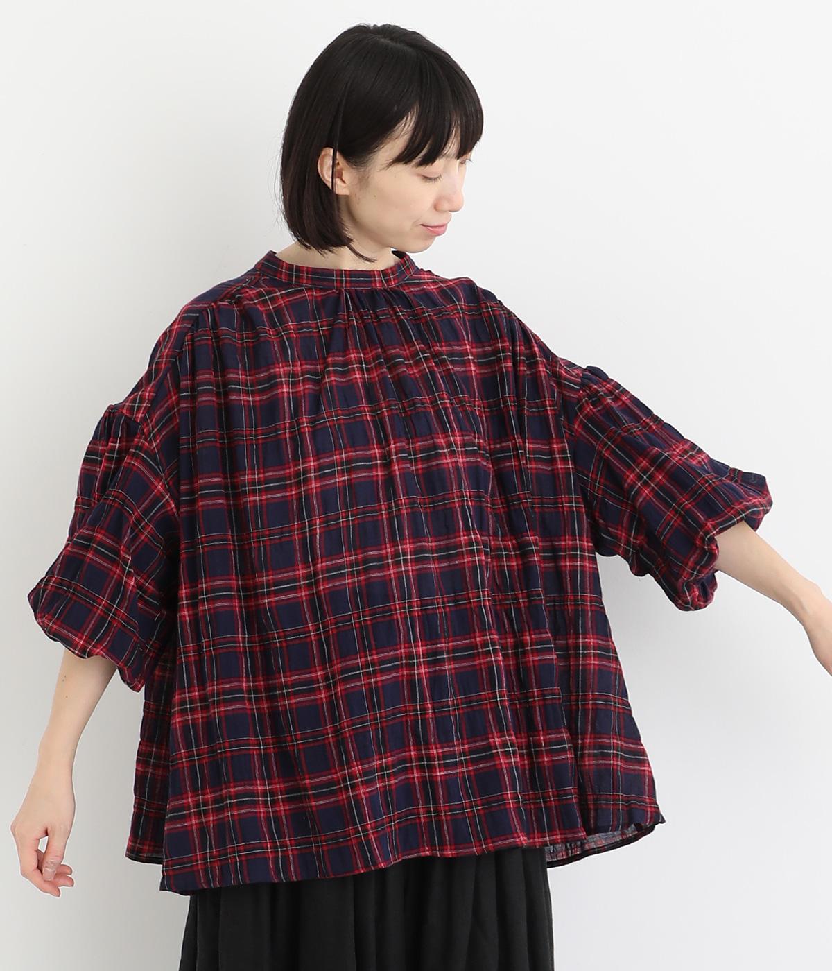 コットンポリウレタンガーゼチェックぽわん袖プルオーバー(レッド-ONESIZE)