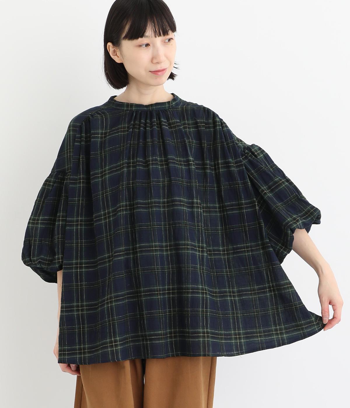 コットンポリウレタンガーゼチェックぽわん袖プルオーバー(ネイビー-ONESIZE)