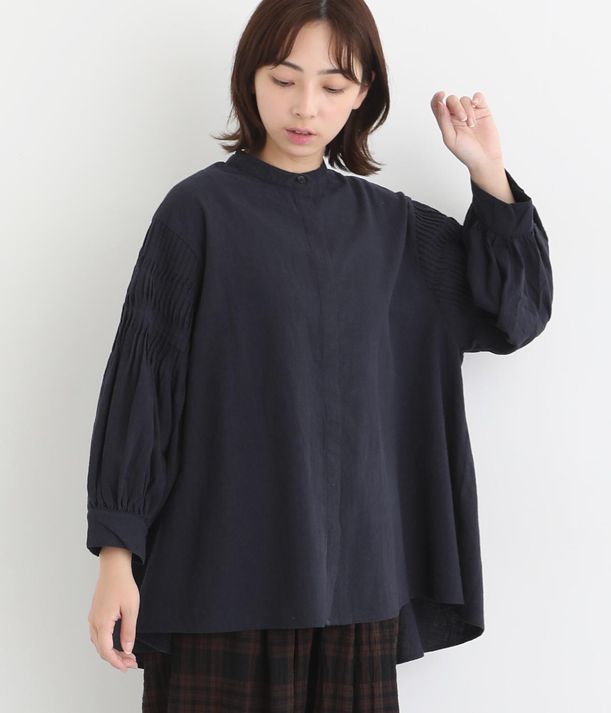 コットンスラブ袖タックブラウス(クロ-L)