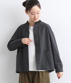 コットンチェックスタンド襟シャツ