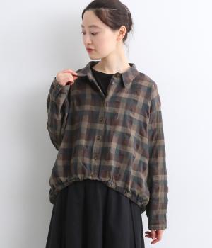 コットンリネンブロックチェック裾ゴムシャツ