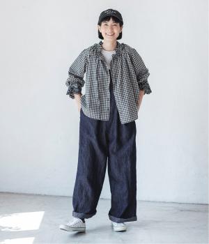 別注｜袖スカラップ刺繍ブラウス(ギンガムチェック-M)