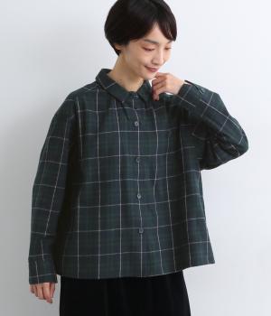 コットンビエラチェック襟付シャツ(ネイビー-L)