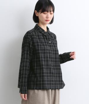 コットンビエラチェック襟付シャツ(クロ-L)