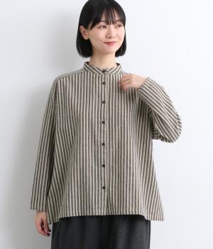 コットンビエラストライプバンドカラーシャツ(ベージュ-L)