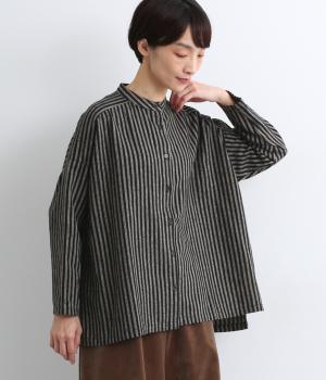 コットンビエラストライプバンドカラーシャツ(クロ-L)