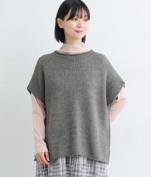 天竺ロールネックニットベスト(グレー-L)