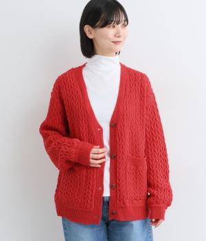 ケーブルニットカーディガン(レッド-L)