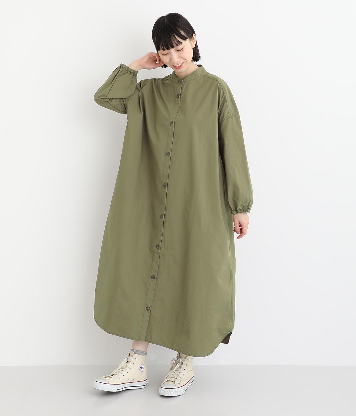 コットンダンプバイオウォッシュ加工バンドカラーワンピース(カーキ-L)