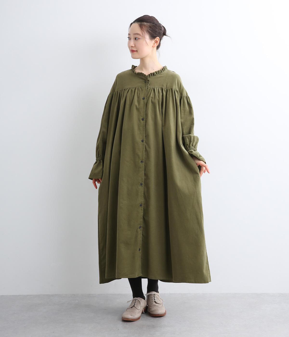 コットンコーデュロイギャザーワンピース(カーキ-M)
