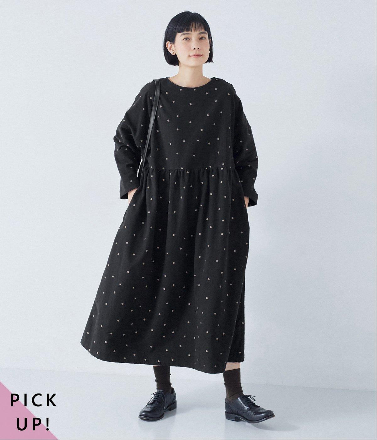 別注｜コットン起毛くずれドットプリントワンピース(ブラック-MP)