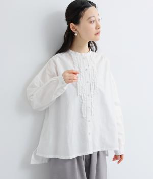 リネンコットンオックス　縦フリルバンドカラーブラウス(オフホワイト-M)