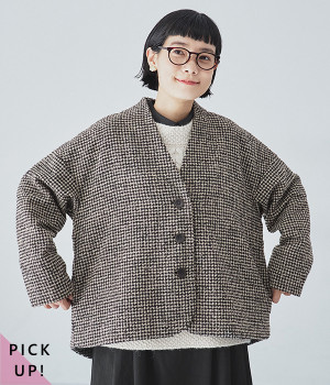 別注｜レトロチェックノーカラージャケット(ベージュ-ONESIZE)