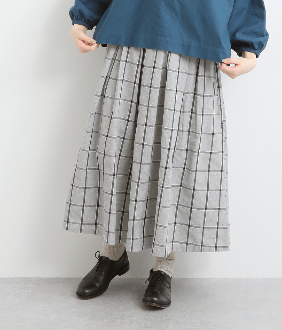 リネンコットンレーヨン混チェックスカート(グレー-ONESIZE)