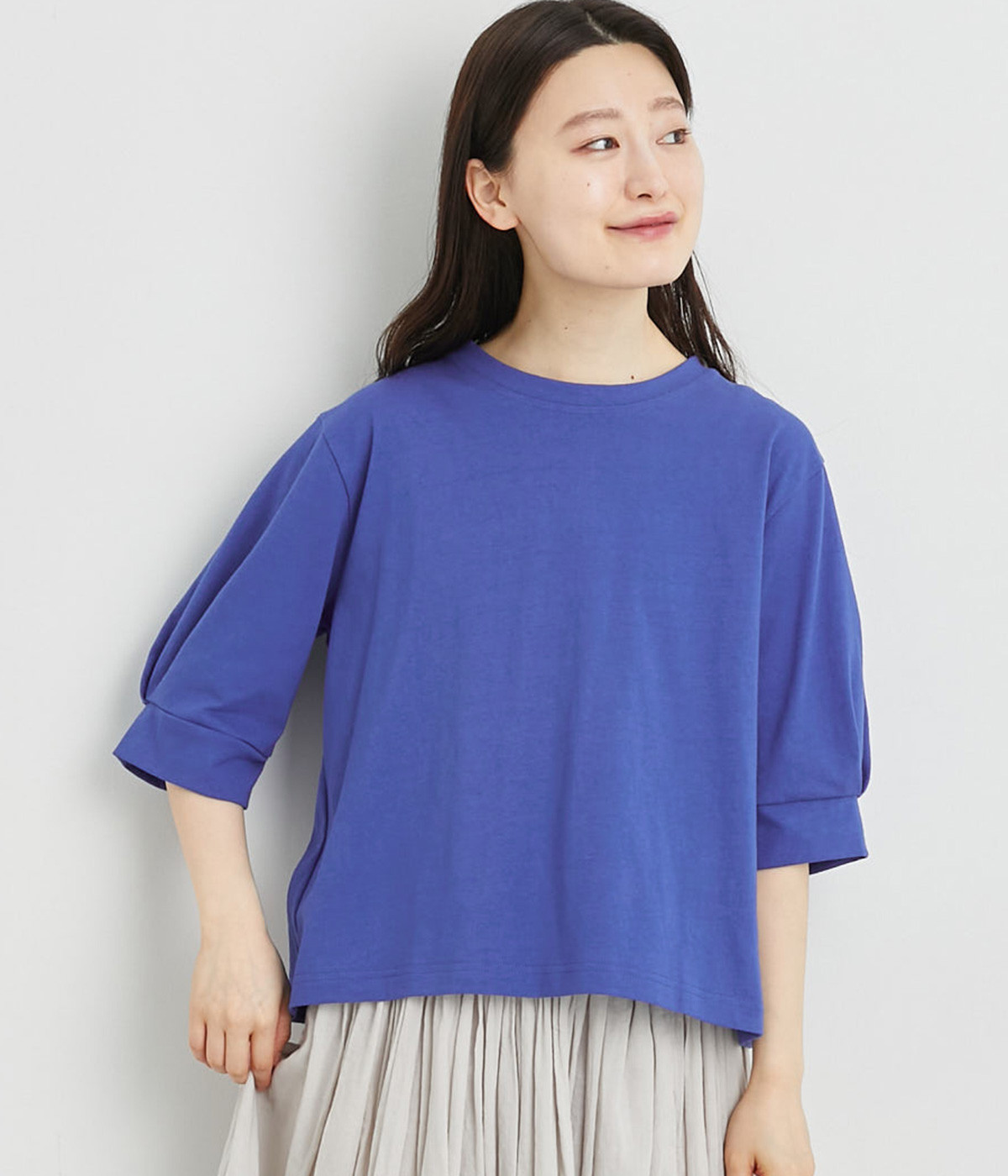 コットン天竺6分袖Tシャツ(ブルー-ONESIZE)