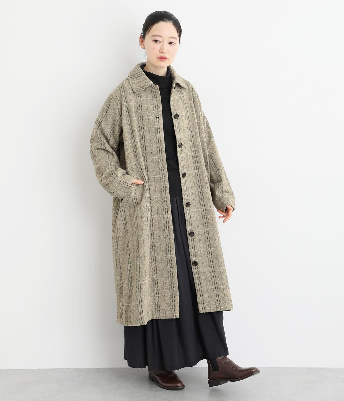 ウール混ヘリンボーンチェックコート(グレー-F)