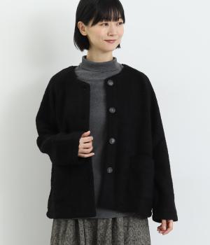 ループヤーンカットソー　ノーカラージャケット(ブラック-F)