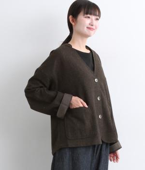 ツイード微起毛　ノーカラージャケット(ブラウン-F)