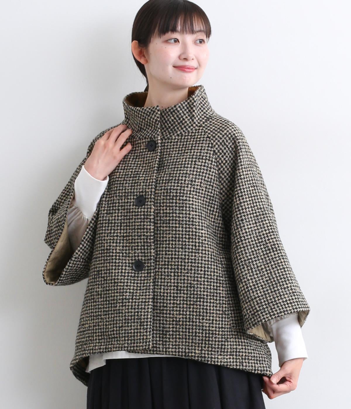 レトロチェック　ポンチョジャケット(ベージュ-F)