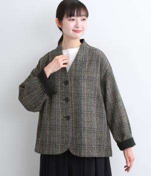 ウール混へリンボンチェックジャケット(ブラック-F)
