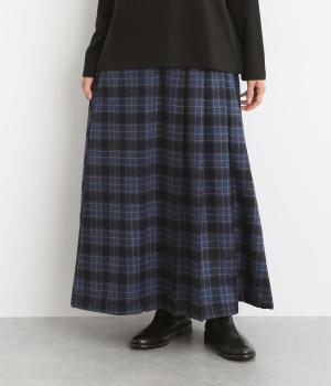 ウール混平織起毛　アシンメトリータックチェックスカート(ブルー-F)