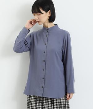 コットン綾織裏薄起毛　モックネックブラウス(ブルー-F)