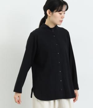 コットン綾織裏薄起毛　モックネックブラウス(ブラック-F)