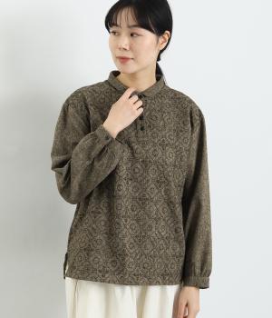 オリジナル北欧パッチワーク風刺繍　チビ襟ブラウス(ブラウン-F)