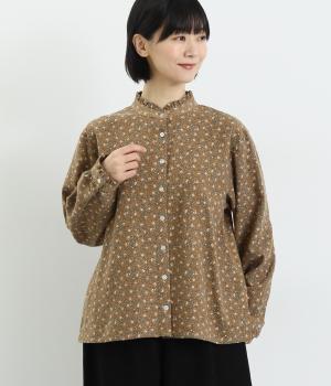 薄起毛花柄プリント　フリル襟ブラウス