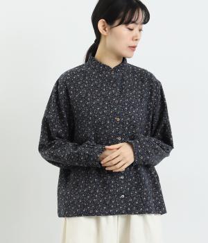 薄起毛花柄プリント　フリル襟ブラウス(ネイビー-F)