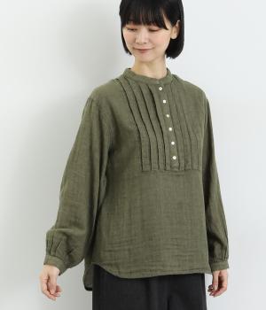 ダブルガーゼ　ヨークタックブラウス(カーキ-F)