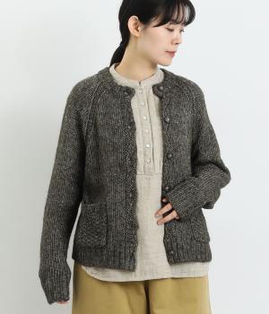 コットン混ミックス調　ニットカーディガン(ブラック-F)