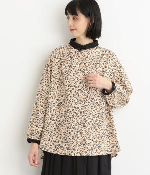 コットンツイル微起毛花柄プリント　配色ブラウス(アイボリー-F)