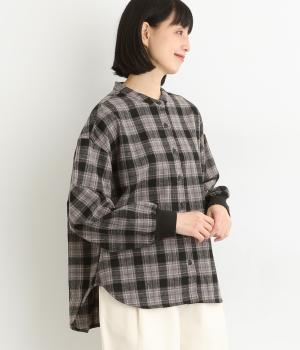 ウール混平織起毛チェック　袖リブ羽織りブラウス(グレー-F)
