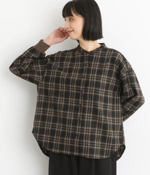 ウール混平織起毛チェック　袖リブ羽織りブラウス(ブラウン-F)