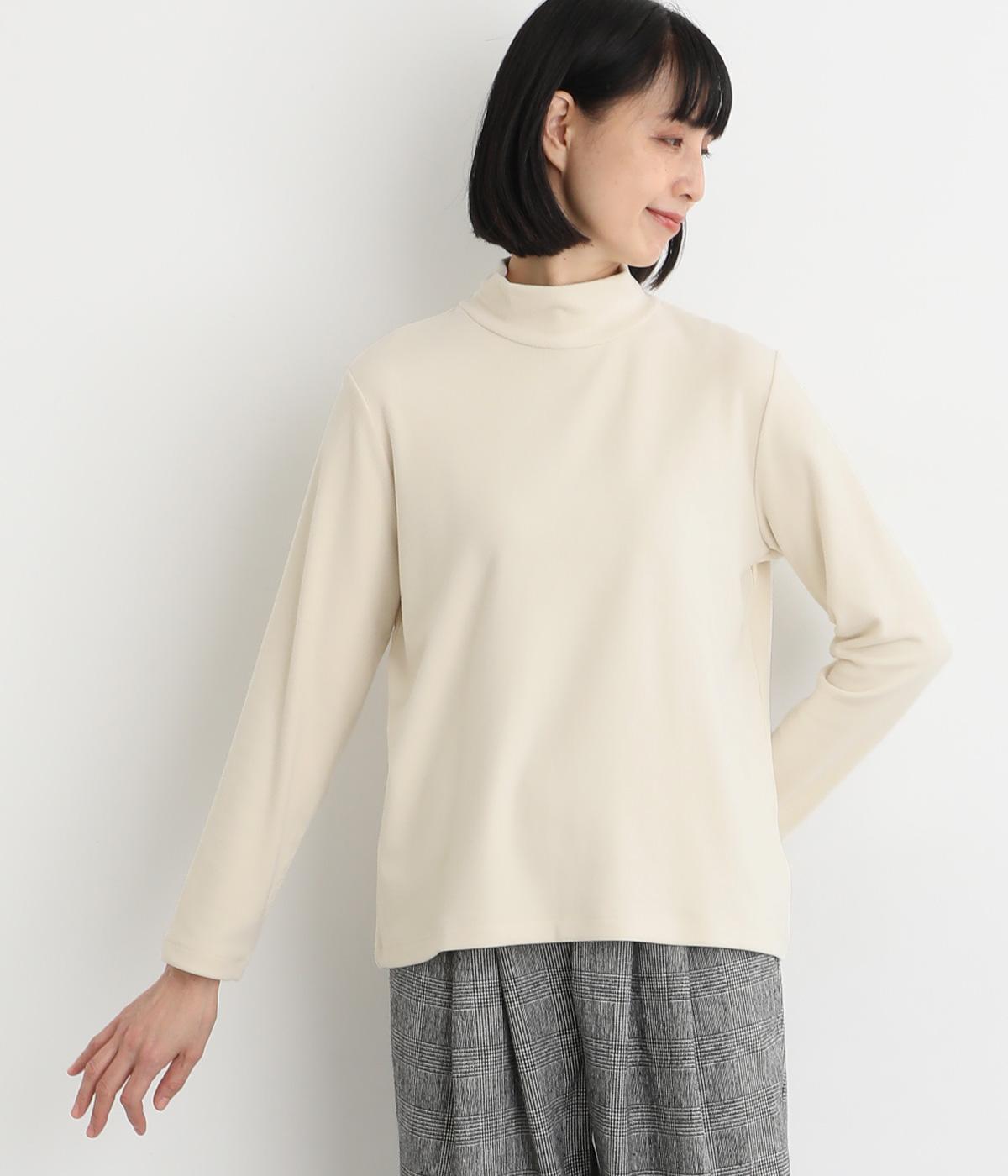 コットン混起毛リブカットソー　ハイネックプルオーバー(オフホワイト-F)