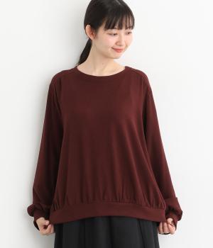 コットン混起毛リブカットソー　ボリューム袖プルオーバー(エンジ-F)